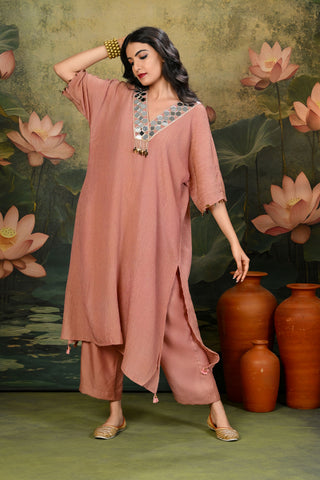Chandni Brown V-Neck Mirror Work Kurta Set (Set of 3)