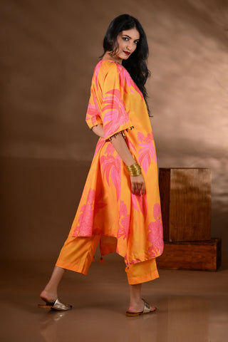 Yellow Crepe Printed Mirror-work Yoke Kurta Set (Set of 2)