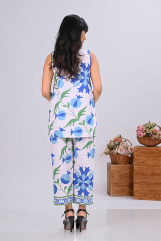 Blue & Off-White Pomegranate Print Sleeveless Short Co-ord Set (Set of 2)