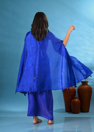 Noori Blue Crop-Top with Drape-Skirt & Cape (Set of 3)