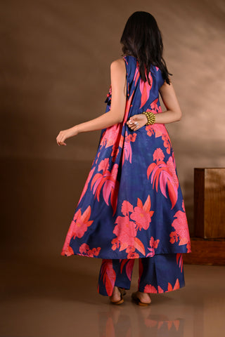 Blue Crepe Printed Halter-Neck Kurta Set (Set of 2)