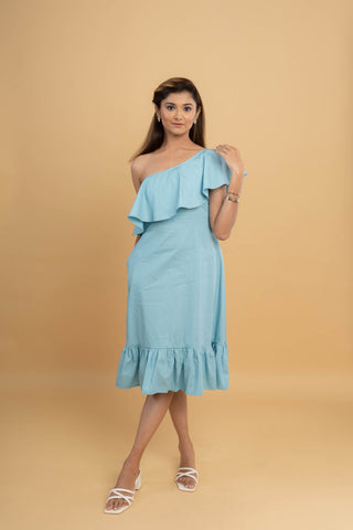 AZURE ASYMMETRIC RUFFLE DRESS