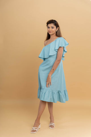 AZURE ASYMMETRIC RUFFLE DRESS